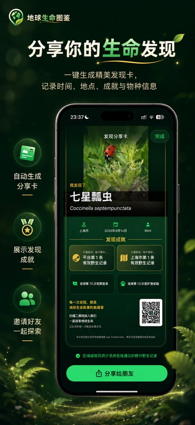 地球生命图鉴发现分享卡截图：七星瓢虫照片、中文名与拉丁学名、上海市与拍摄日期、平台第 1 条有效野生记录等发现成就，以及邀请二维码与分享按钮